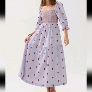 Women Long Dress, Long Sleeve Dress Square Neck Embroidery Flower Loose Swing Dr